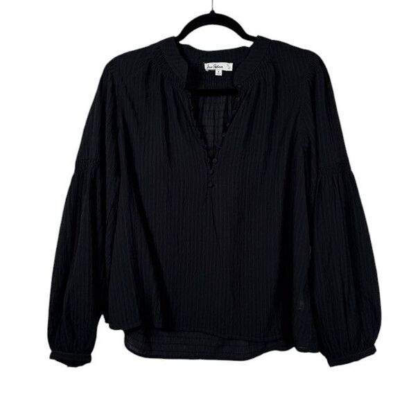 Sam Edelman Emmeline Smocking Trimmed Blouse Black Blouson Sleeves Size Medium - Picture 2 of 13